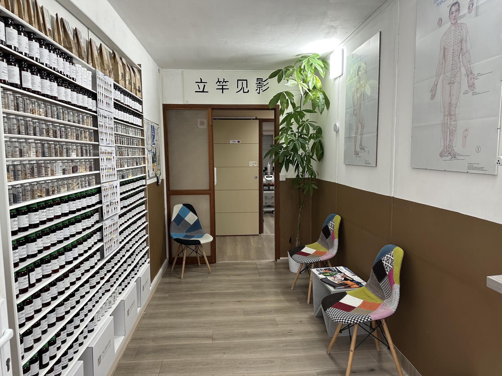Salle d'attente du cabinet de Saint-Lô avec le mur de pharmacopée chinoise et la calligraphie 立竿见影